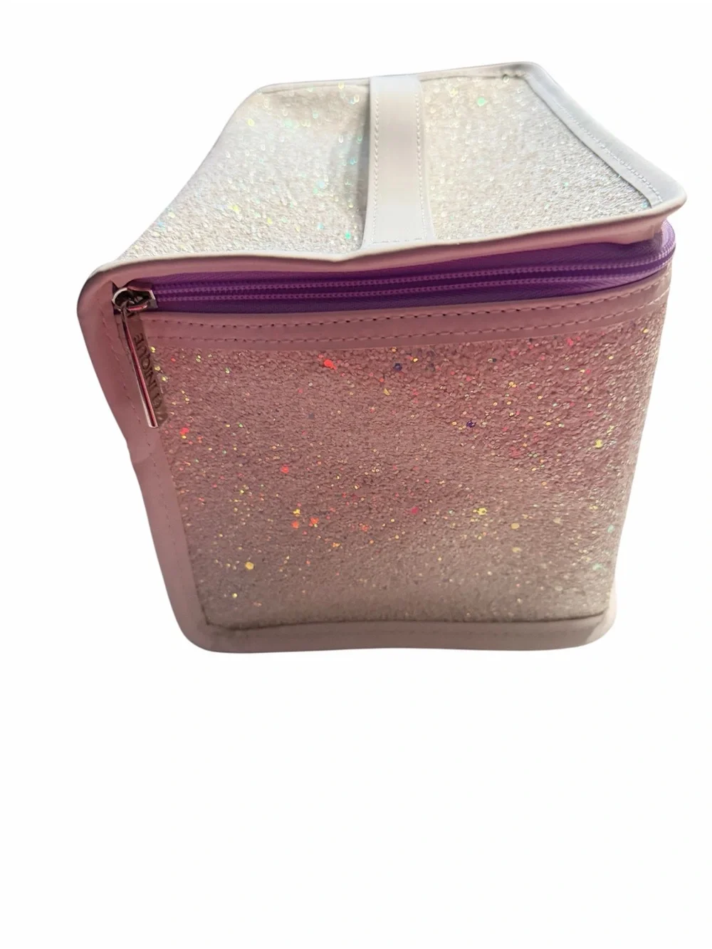 Clinique Skincare Makeup Beauty Textured Glitter Cosmetic Case Bag White Purple